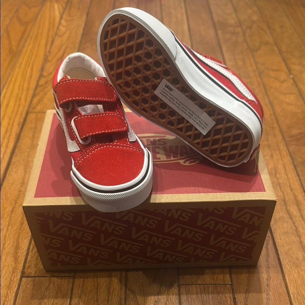 Vans Kids Red Velcro Classic Low-Top Sneakers
